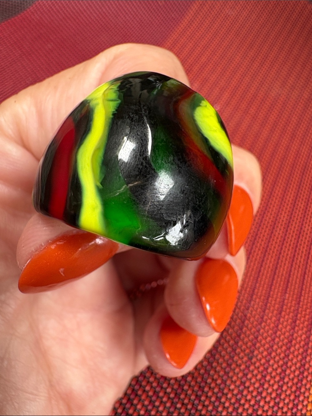 Size 7.75 to 8 Italian Glass Statement Ring in Black, Green & Yellow